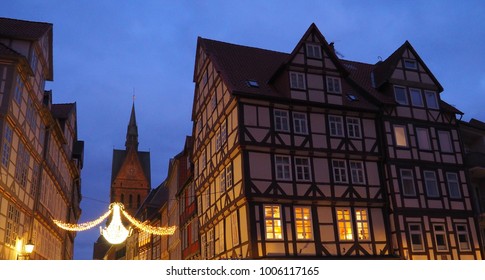 Old half timbered houses by night and street lights, Hannover, Germany, Hanover, Lower Saxony