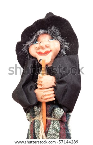Old Halloween witch with broomstick and hat isolated on white background