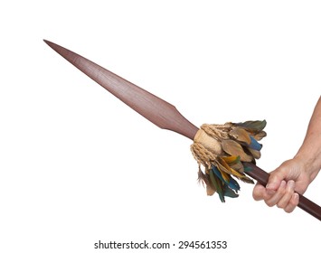 Old Hand Hodling An Old Wooden Spear, Isolated On White