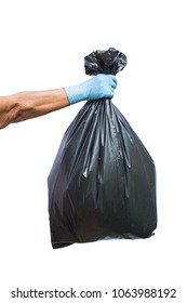 Old Hand Holding Plastic Bag On White Background