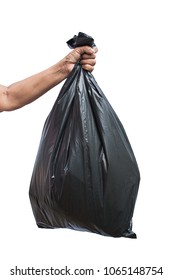 Old Hand Holding Plastic Bag On White Background