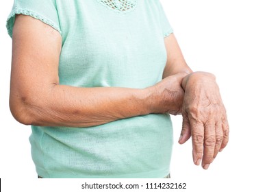 Old Hand Pain On Wrist Isolated White Background,Muscle Weakness And Fatigue Concept.