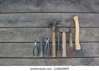 Old Hand Tools On Wood Boards