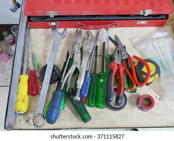 Old hand tools set on the table in mechanical work area