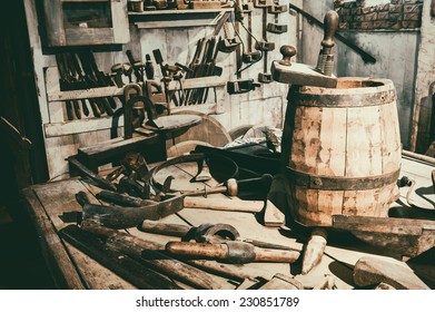 Old Hand Tools In Vintage Workshop 