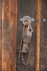 Old Handmade Rusty Metal Padlock Closeup In Zheravna Village, Bulgaria, Europe
