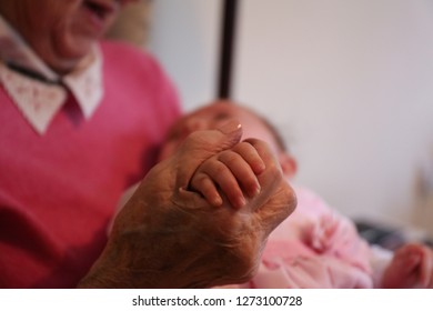 Old Hands Holding Baby Hands. Great Grandma Holding Newborn Baby's Hands