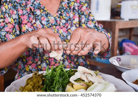 old hands woman hold traditional northern Thai food in her hands for eating.