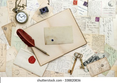 Old Handwritten Letters Postcards. Open Book And Vintage Tools. Romantic Sentimental Paper Background