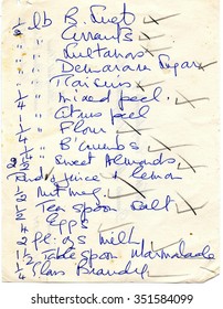 Old handwritten list of ingredients