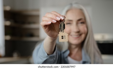 Old Happy Woman Homeowner Buyer Female Mature Lady Seller Realtor Tenant Adult Caucasian Granny Show Bunch Keys Of Accommodation House Rental Flat Win New Property Apartment Buy Loan Housing Dwelling