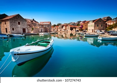 Old Harbor At Adriatic Sea. Hvar Island, Croatia, Popular Touristic Destination