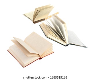 Old Hardcover Books Flying On White Background