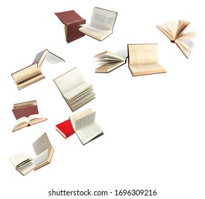 Old Hardcover Books Flying On White Background