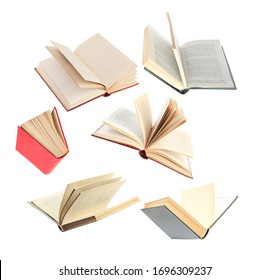 Old hardcover books flying white background