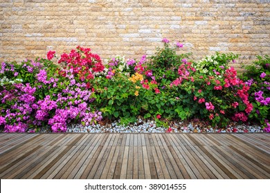 Old hardwood decking or flooring and plant in garden decorative - Shutterstock ID 389014555