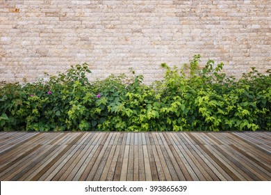 Old hardwood decking or flooring and plant in garden decorative - Shutterstock ID 393865639