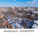 Old Harvard Yard aerial view in winter including Memorial Hall, Memorial Church, Widener Library and University Hall in historic center of Cambridge, Massachusetts MA, USA. 