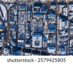 Old Harvard Yard aerial view in winter including Memorial Hall, Memorial Church, Widener Library and University Hall in historic center of Cambridge, Massachusetts MA, USA. 