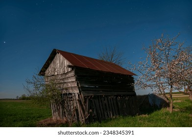 an old hay shed and an apple tree in bloom under a starry sky. Night photo on a moonlit night. - Powered by Shutterstock