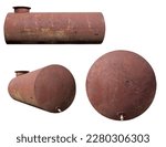 Old heavy corroded metal tank side,front, angle views set isolated on white