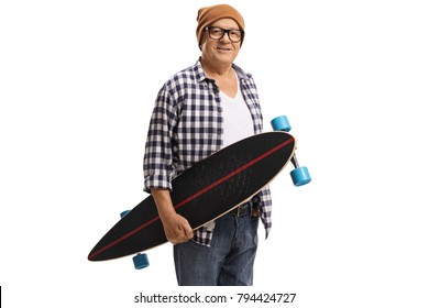 Old Hipster Holding A Longboard Isolated On White Background