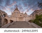 Old historical fortress and church in sunrise. City panorama at dusk. Sight on the Danube Fisherman