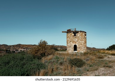 Old Historical Windmill, Datça Kızlan. Copy Paste, Text Space. Banner.