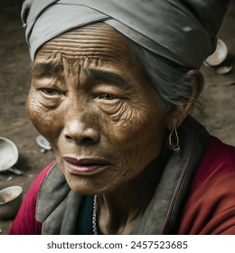 Old Hmong lady grieving over a coffin. Broken cups everywhere 