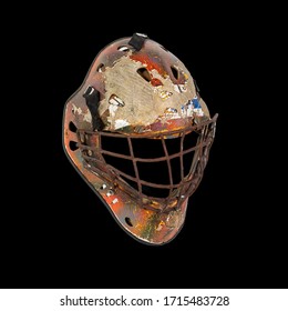 Old Hockey Mask For Goalkeeper Protection Isolated On Black Background