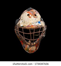 Old Hockey Mask For Goalkeeper Protection Isolated On Black Background