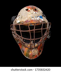 Old Hockey Mask For Goalkeeper Protection Isolated On Black Background