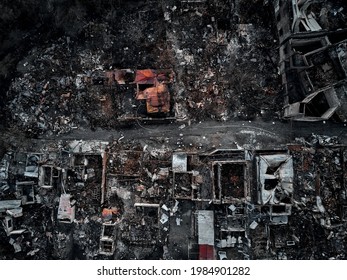 Old Home After Fire And Burned Everything In The Area. Top View And Take From Drone.