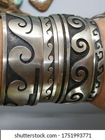 Old Hopi Native American Wave Cuffs Grouping With One Cuff By Bernard Dawahoya, Hopi Artisan.