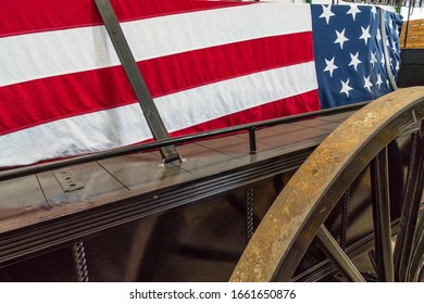 Old Horse Drawn Wooden Military Caisson Used To  Carry A Casket Draped In United States Flag Of The Deceased In Some State And Military Funerals.