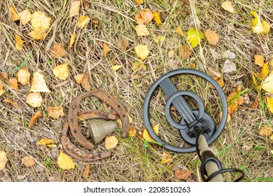 Old Horseshoes, Collected With A Metal Detector, Against A Background Of Green Grass.