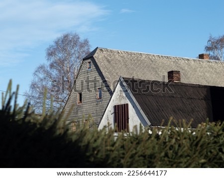 Old house with asbestos sheets on the exterior wall and on the roof. The weathered cement plates with fibres are forbidden in Germany and expensive to dispose.