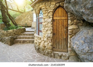 Old house door in forest. Nature design.