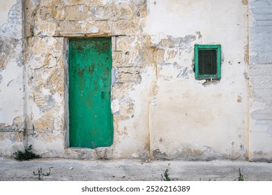 Old house with green wooden door and weathered facade in St. Elmo, Valletta  - Powered by Shutterstock