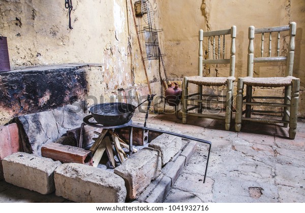Old House Kitchen Fireplace Cooking Set Stock Photo Edit Now