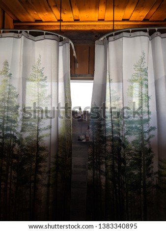 Similar – Image, Stock Photo Space. Wallpaper with forest motif, in the mirror is reflected a red and white chequered curtain and a neon tube. Lost taste, in need of renovation.