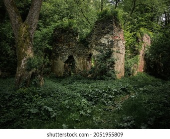 Old House Overgrown With Jungle Forest. Haunted Atmosphere Of Old Building When Nature Takes It Back.