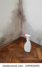 Old House Wall With Mold And Cleaning Solution In A Bottle