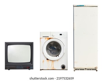 Old household appliances TV, washing machine, refrigerator isolated on white background. - Shutterstock ID 2197532659