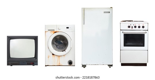 Old household appliances TV, washing machine, refrigerator, electric stove isolated on white background. - Shutterstock ID 2218187863