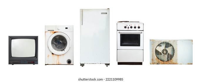 Old household appliances TV, washing machine, refrigerator, electric stove, air conditioner isolated on white background. - Shutterstock ID 2221109985
