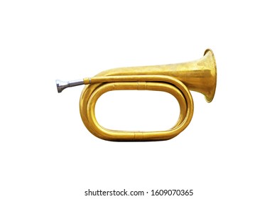 Old Hunting Horn. Trumpet Musical Metal Instrument. Brass Bugle Isolated On A White Background