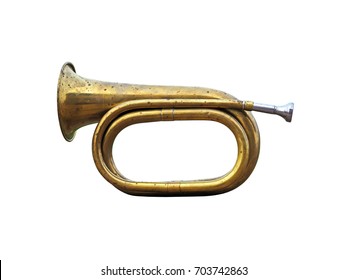 Old Hunting Horn. Trumpet Musical Metal Instrument Isolated Over White Background. Antique Brass Bugle On A White Background