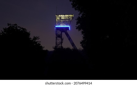 Old Illuminated Coal Mine Tower In Germany