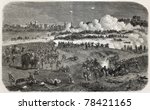 Old illustration of battle between British army and insurgents near Delhi walls during Indian rebellion. Created by Dulong, published on L